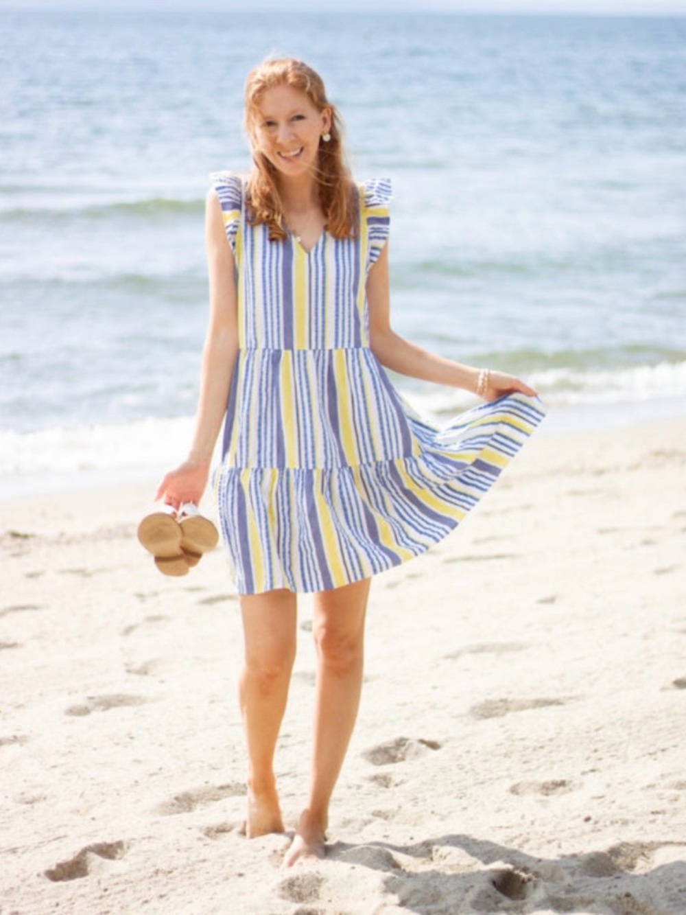 LOFT Blue and Yellow Striped V-Neck Mini Dress